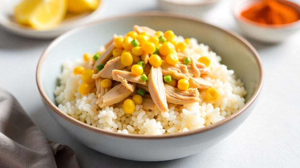 Rico Arroz con Pollo Desmenuzado y Maíz