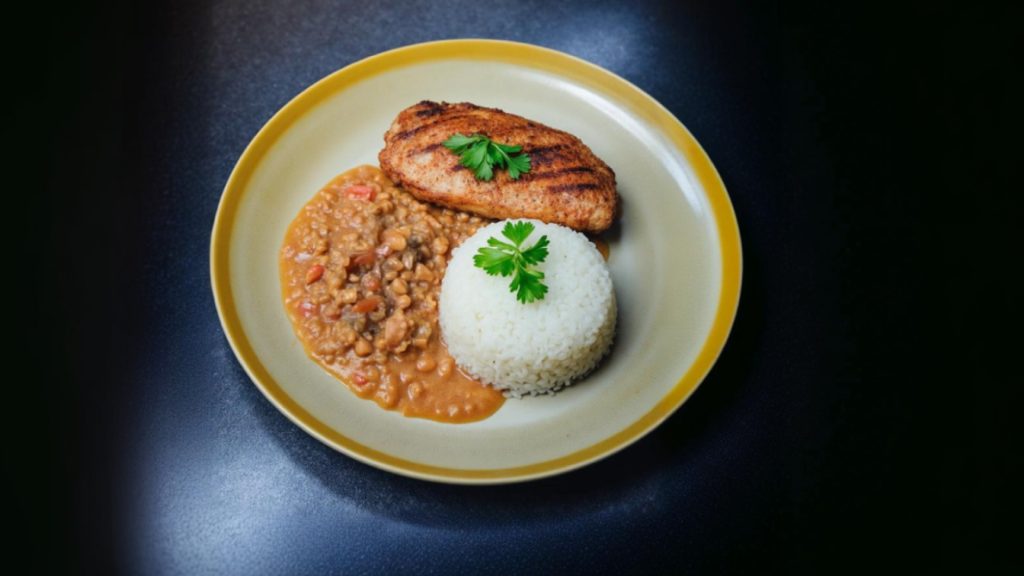 Arroz con menestra y carne asada